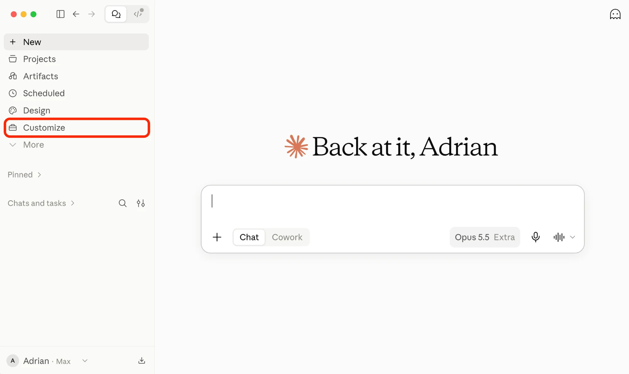 Claude Desktop home screen with Customize highlighted in the left sidebar