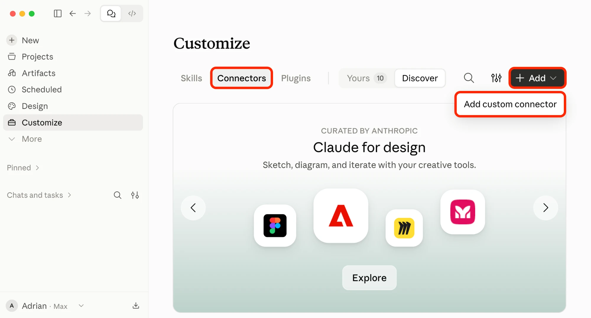 Claude's Customize page on the Connectors tab, with the + Add menu open showing the Add custom connector option