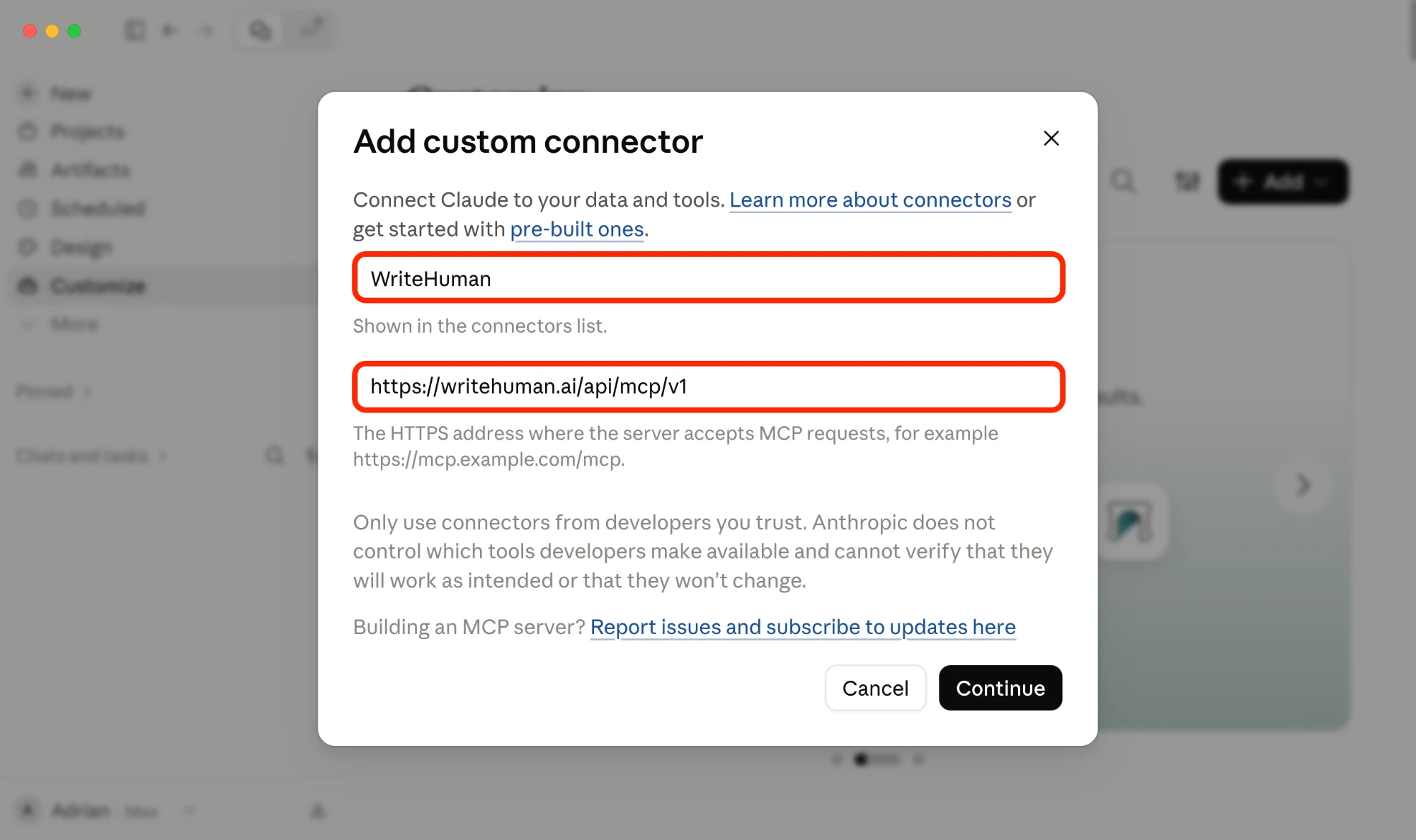 The Add custom connector dialog with the name WriteHuman and the MCP server URL filled in